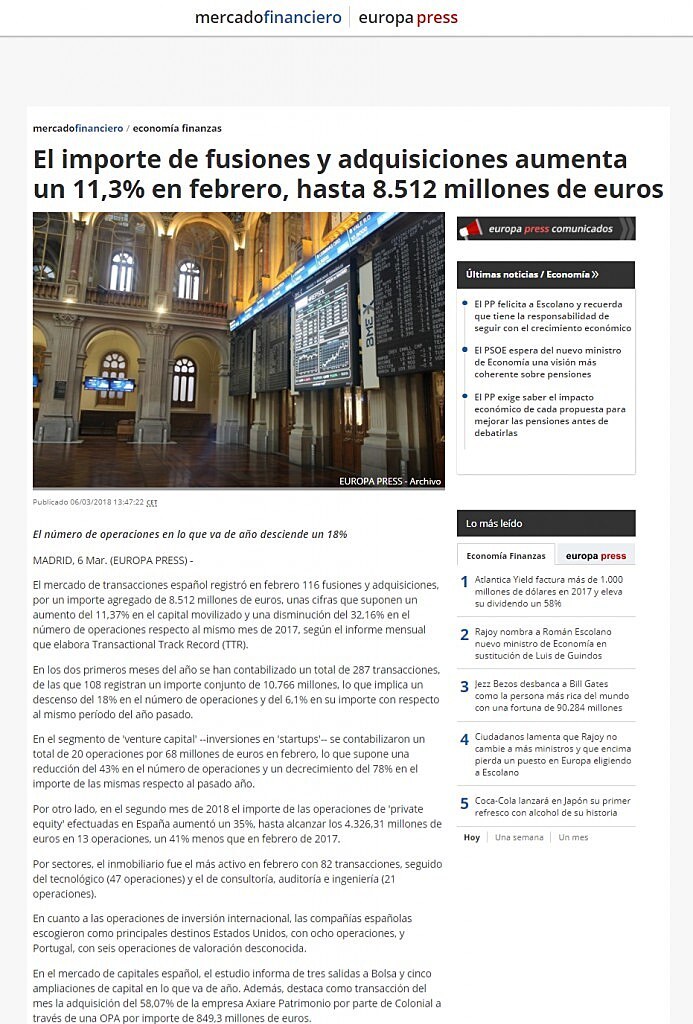 El importe de fusiones y adquisiciones aumenta un 11,3% en febrero, hasta 8.512 millones de euros